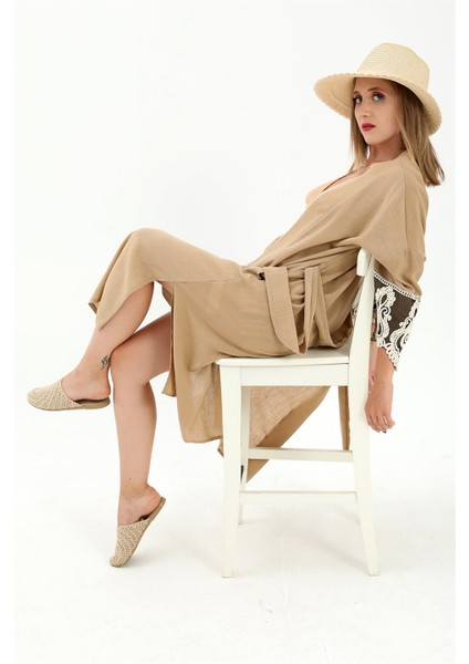 Kolları Dantelli Keten Kimono - Vizon modelleri