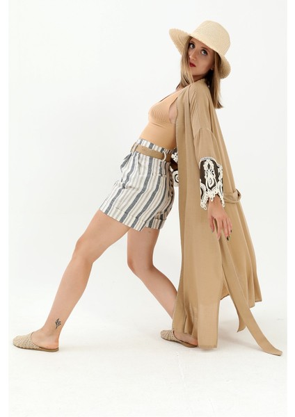 Kolları Dantelli Keten Kimono - Vizon indirimleri