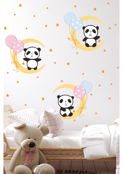 Ayda Oynayan Sevimli Pandalar ve Yıldızlar Sticker Seti, Cam Duvar Dekorasyon Sticker