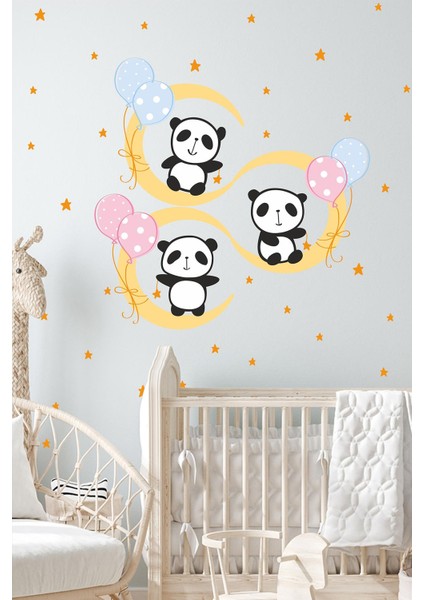 Ayda Oynayan Sevimli Pandalar ve Yıldızlar Sticker Seti, Cam Duvar Dekorasyon Sticker fiyatları