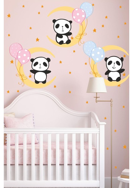 Ayda Oynayan Sevimli Pandalar ve Yıldızlar Sticker Seti, Cam Duvar Dekorasyon Sticker modelleri