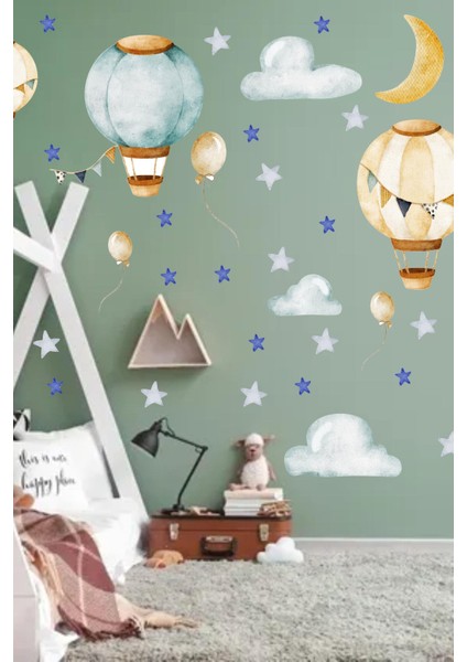 Uçan Balonlar Bulutlar ve Yıldızlar Çocuk Odası Sticker Seti