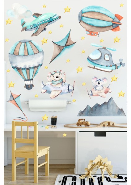 Mavi Tonlarda Uçakta Sevimli Hayvanlar Uçan Balonlar ve Uçak Duvar Cam Dolap Sticker Seti