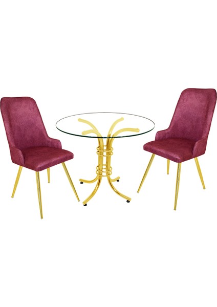 Buket Yuvarlak Gold Cam - Çırağan Gold 2li Mutfak Masa Takımı - Fuşya