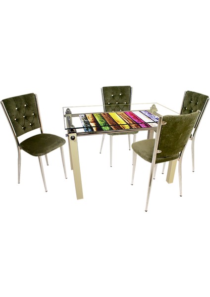 Kapitoneli Cam Mutfak Masa Takımı (Kumaş) - Yeşil