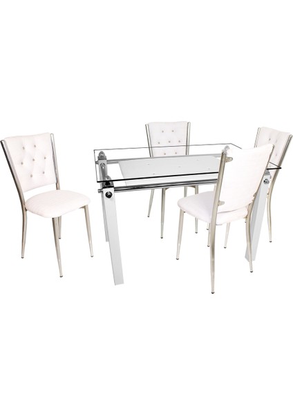 Kapitoneli Cam Mutfak Masa Takımı (Deri) - Beyaz