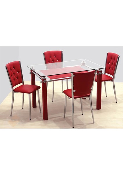 Kapitoneli Cam Mutfak Masa Takımı (Deri) - Kırmızı