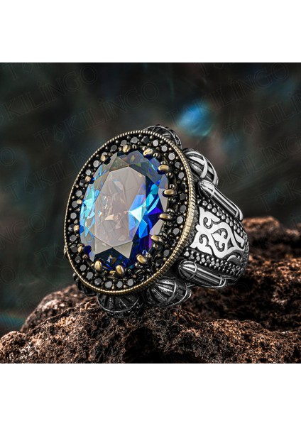 925 Ayar Gümüş Mavi Topaz Taşlı Kubbe Tasarımlı Erkek Yüzük