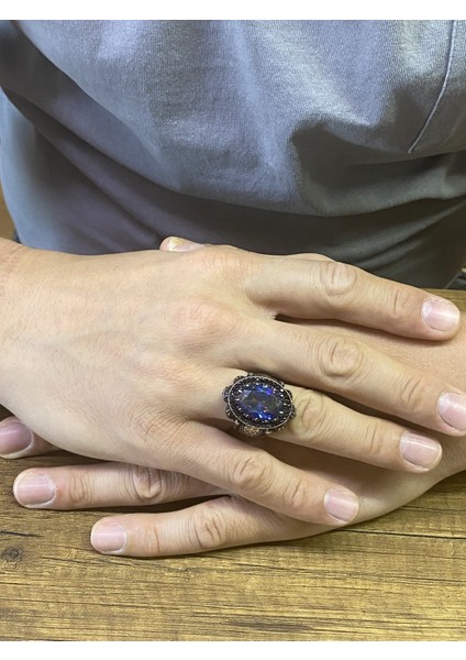 925 Ayar Gümüş Mavi Topaz Taşlı Kubbe Tasarımlı Erkek Yüzük