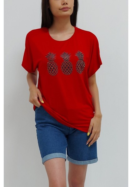 Ananas Işlemeli Bluz Kırmızı