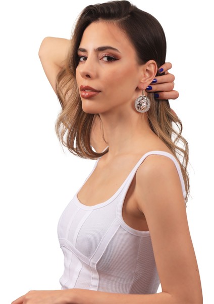 Kadın Antik Gümüş Kaplama Sallantılı Model Kabartma Baskılı Madalyon Küpe modelleri