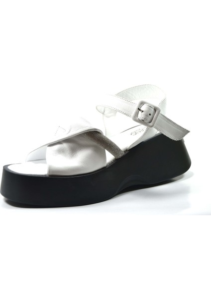 Özgençshoes 311 Hakiki Deri Siyah & Beyaz & Yeşil Kalın Taban Kadın Sandalet
