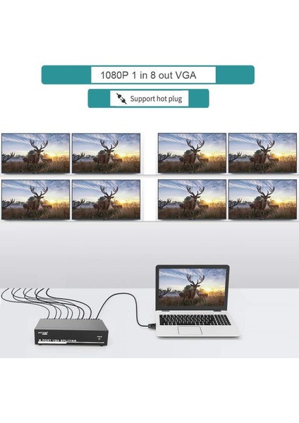 8 Port VGA Splitter Adaptör Destekli VGA Görüntü Çoklayıcı 15 Pin 8li VGA Çoğaltıcı 1 In 8 Out