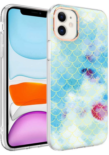 Apple iPhone 11 Kapak Palık Pullu Desenli Fosforlu Silikon Kılıf - Mavi