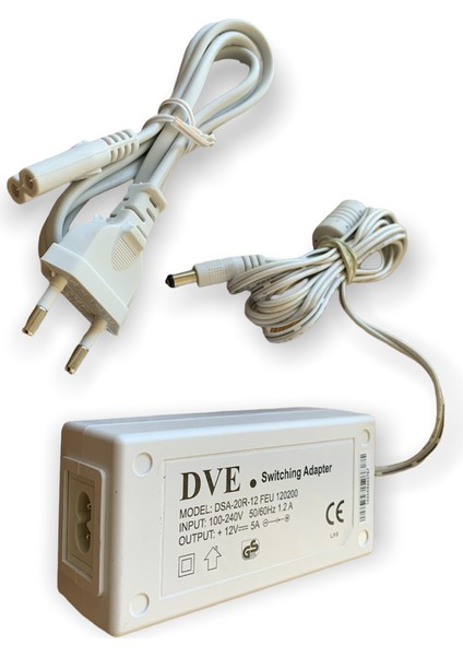 12V 5A - 12 Volt 5 Amper Adaptör Plastik Kasa Akım Korumalı Adaptör 2 Metre Kablolu 5.5mm 2.5mm Beyaz Renk