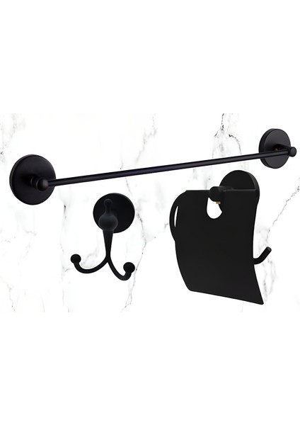 Vidalı 3'lü Banyo Aksesuar Seti Siyah ( Uzun Havluluk + Kapaklı Kağıtlık + Askılık)