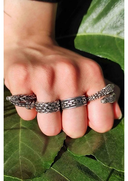 Unisex 4'lü Gümüş Kaplama Ayarlanabilir Yüzük Set