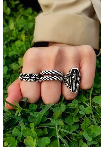 Unisex Gümüş Kaplama Ayarlanabilir Yüzük Set Tabut