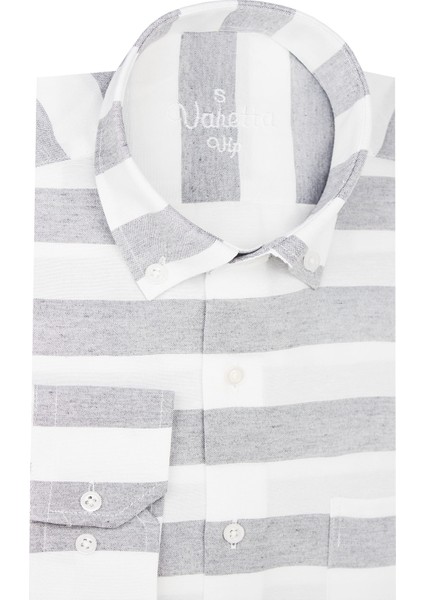 Erkek Gri Çizgili Pano Desen Uzun Kol Düğmeli Yaka Klasik Kesim Gömlek modelleri