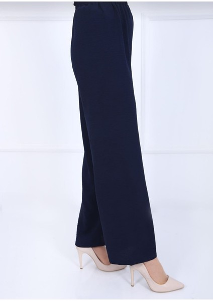 Kadın Lacivert Beli Lastikli Ayrobin Kumaş Bol Paça Büyük Beden Pantolon