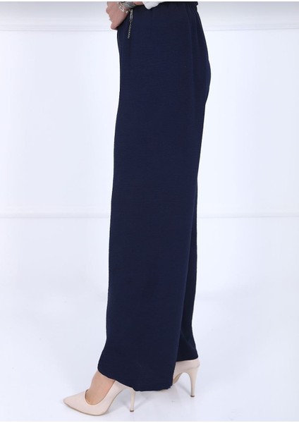 Kadın Lacivert Beli Lastikli Ayrobin Kumaş Bol Paça Büyük Beden Pantolon fiyatları