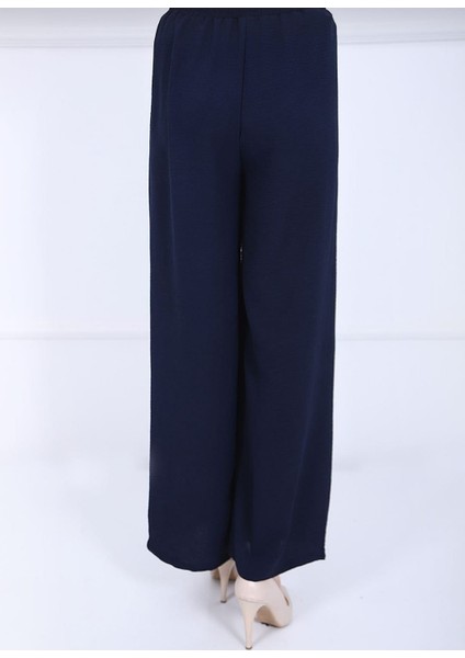 Kadın Lacivert Beli Lastikli Ayrobin Kumaş Bol Paça Büyük Beden Pantolon modelleri