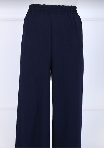 Kadın Lacivert Beli Lastikli Ayrobin Kumaş Bol Paça Büyük Beden Pantolon fırsatları