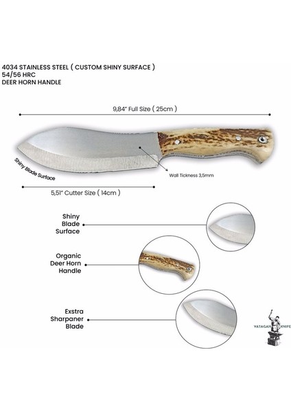 El Yapımı Kamp Bıçağı  Geyik Boynuzu Kabzeli Paslanmaz Av Bıçağı Deri Kılıflı Bıçak