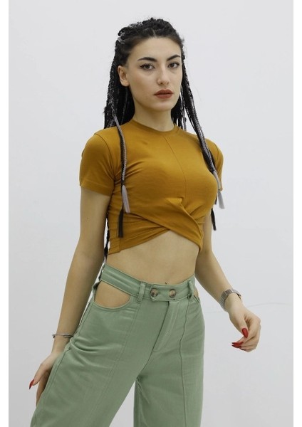 Önü Büzgülü Bisiklet Yaka Tshirt Taba - P-019963 fiyatları