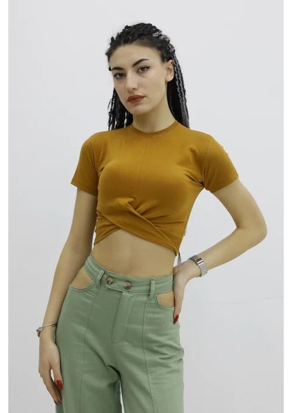 Önü Büzgülü Bisiklet Yaka Tshirt Taba - P-019963 modelleri