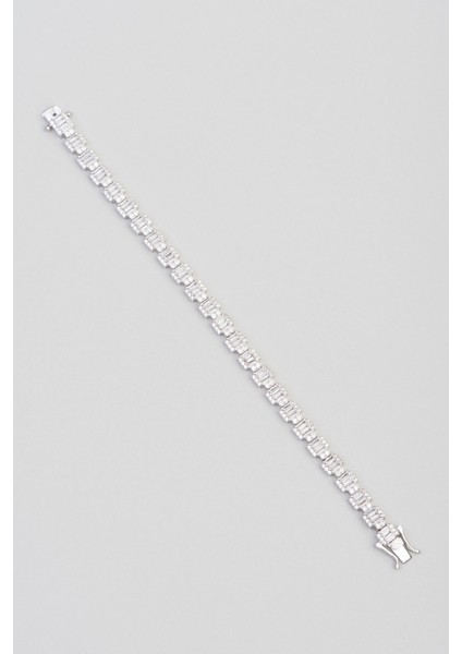 Baget Taşlı 18 Ayar Beyaz Altın Kaplama 17 cm Gümüş Bileklik