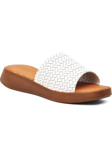 837 Beyaz Hakiki Deri Tek Bantlı Kadın Terlik