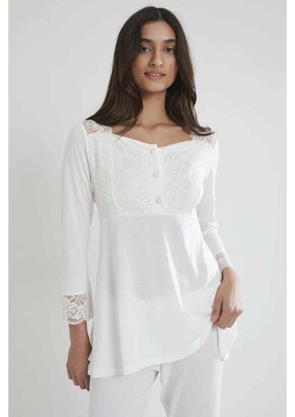 Kadın Penye Dantelli Pijama Takımı 1241 Ekru