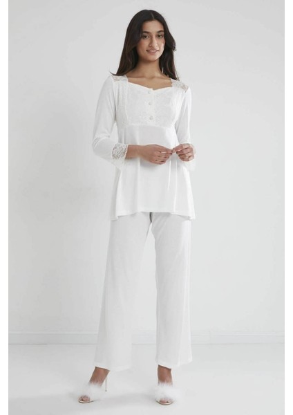 Kadın Penye Dantelli Pijama Takımı 1241 Ekru modelleri