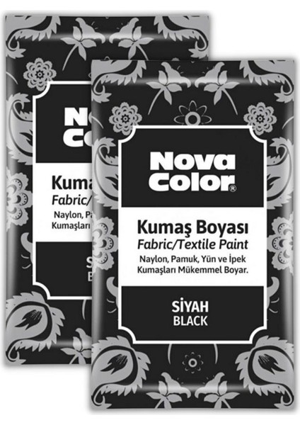 Nova Color Siyah Kumaş Boyası Toz 12 gr 2 Adet Nova Color Toz Kumaş Boyası Siyah Kot Pantalon Gömlek Tişört Tekstil Kumaş Boyası 2 Adet