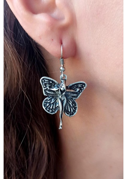 Antik Gümüş Kaplama Kadın Motifli Kanat Şekilli El Yapımı Çift Adet Kadın Küpe