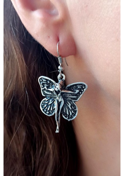 Antik Gümüş Kaplama Kadın Motifli Kanat Şekilli El Yapımı Çift Adet Kadın Küpe fiyatları