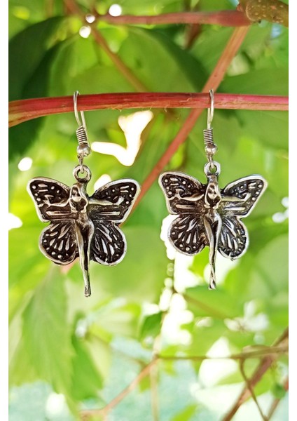 Antik Gümüş Kaplama Kadın Motifli Kanat Şekilli El Yapımı Çift Adet Kadın Küpe fırsatları