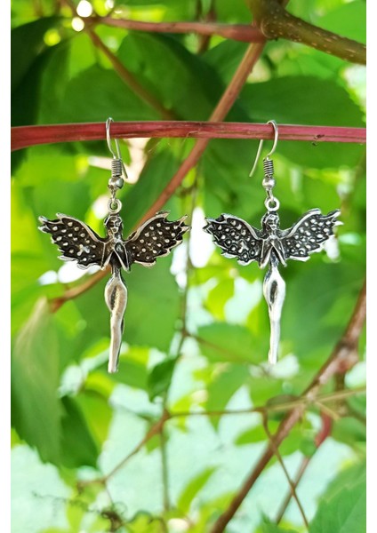 Antik Gümüş Kaplama Kanatlı Kadın Şekilli El Yapımı Çift Adet Kadın Küpe modelleri