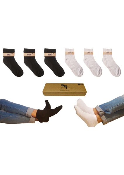 KBC Socks 6'lı Dikişsiz Bambu Terletmez Spor Erkek Patik Çorap Seti / Kutulu Set / 3 Siyah - 3 Beyaz