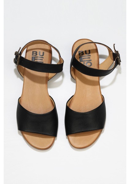 Siyah Deri Kadın Düz Sandalet