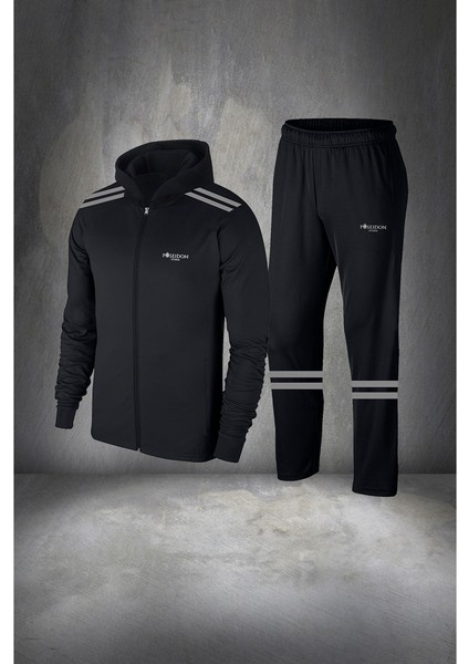Büyük Beden Erkek Siyah Supra Penye Kumaş Fermuarlı Cepli Rahat Spor Eşofman Takımı (4xl- 10XL)