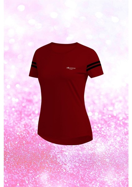 Kadın Bordo Dri-Fit Kumaş Baskısız Yuvarlak Yaka Kısa Kol Tshirt S-3xl