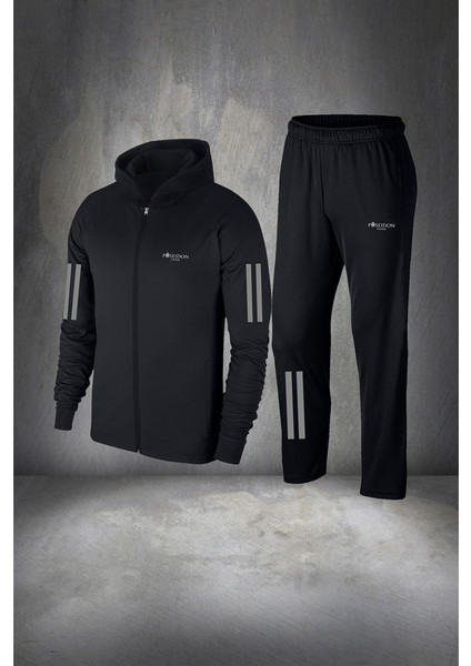Büyük Beden Erkek Siyah Supra Penye Kumaş Fermuarlı Kapüşonlu Koşu Için Eşofman Takımı (4xl- 10XL)
