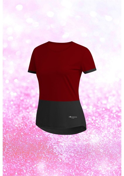 Kadın Bordo Dri-Fit Kumaş Baskısız Yuvarlak Yaka Kısa Kol T-Shirt S-3xl