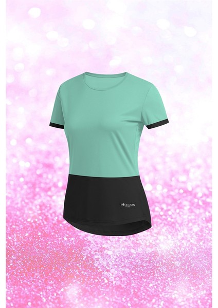 Kadın Su Yeşili Dri-Fit Kumaş Yürüyüş ve Koşu Için Konforlu Sıfır Yaka T-Shirt S-3xl
