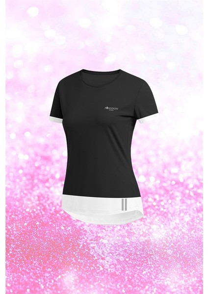 Kadın Siyah Dri-Fit Kumaş Baskısız Yürüyüş ve Koşu Için Rahat Sporcu T-Shirt S-3xl