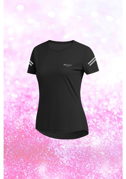 Kadın Siyah Dri-Fit Kumaş Baskısız Bisiklet Yaka Yürüyüş Için Tshirt S-3xl