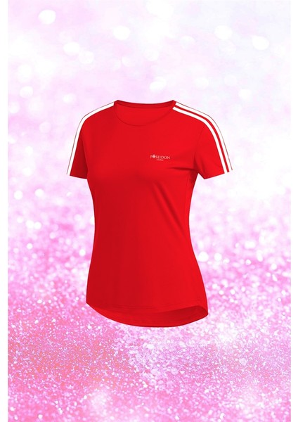 Kadın Kırmızı Dri-Fit Kumaş Yürüyüş ve Koşu Için Konforlu Sıfır Yaka T-Shirt S-3xl