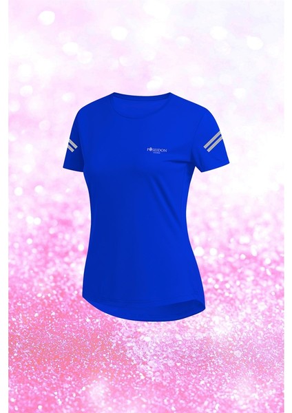 Büyük Beden Kadın Mavi Dri-Fit Kumaş Rahat Günlük Yuvarlak Yaka Sporcu Konforlu T-Shirt (4XL-10XL)